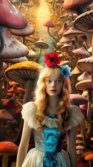 Wall Mural - a beautiful girl in the surreal world of wonders. Giant mushrooms and vibrant colors