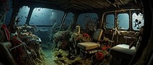 Beautiful Interior Design Of A Ship Wreck Underwater On The Floor Of The Ocean.