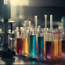 Close-up Shot Of Science Laboratory Test Tubes. Liquid Many Colors In Equipment Glassware For Chemistry Biology Samples. Stock Photo.