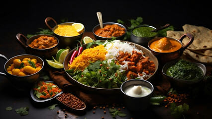 Assorted indian food on black background..