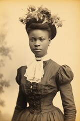 old photo of a black young woman in 1900, monochromatic