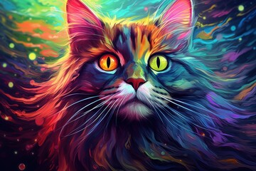 Wall Mural - Bright abstract art - portrait of a cat painted with splashes of paint