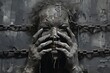 Slavery, forced use of work against persons will. A global problem. Theft. Chains. Forced ownership. Felony criminal. Captive, human trafficking, serfdom, credit, forced marriage. Shackles on hands