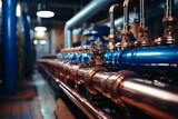 Fototapeta Perspektywa 3d - Plumbing service. copper pipeline of a heating system in boiler room. AI generative