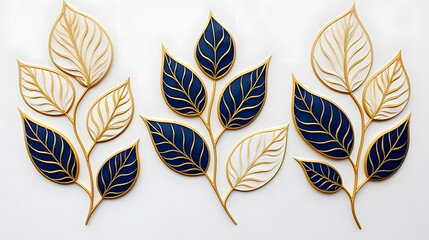 Wall Mural - Set of golden and blue tree leaves on white background. Great for wall art and home decor. 
