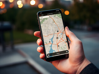 Male hand using smartphone GPS navigator. Discovering new destinations. Navigate the streets and explore cityscapes with modern technology, join the digital revolution of travel, high def photo