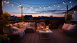 © Clipart Collectors - View over cozy outdoor terrace with outdoor string lights. Autumn evening on the roof terrace