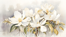 Golden White And Gray Flowers For Wall Canvas Decor. White Magnolia Flower In Watercolor
