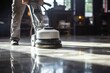 Janitor Cleaning Floor with Polishing Machine Indoors. Generative ai