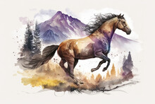 The Horse Gallops In The Mountains. Illustration In Watercolor Style. Generative AI