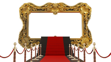 Wall Mural - 3D render of red carpet with staires in the end leading to golden frame, vip concept