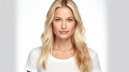 Wall Mural - portrait of an attractive female in her 30s with long blond hair isolated against a white background