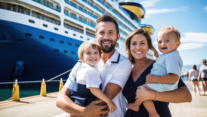 Family in front of a cruise ship, happy, tourism and vacation concept, sea and cruise ship background