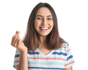 Sticker - Happy young woman snapping fingers on white background, closeup