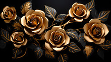 Golden Roses On Black Background. Elegant Golden Roses Flowers Wall Art
