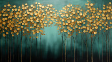 Golden Trees On Green And Black Sky Background. Modern Canvas Art 
