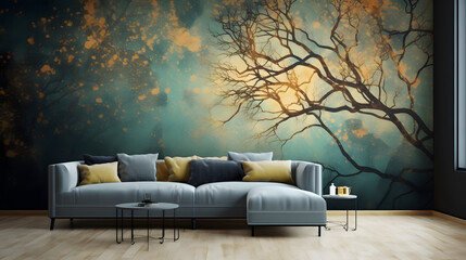 Wall Mural - Golden trees on green and black sky background. Modern canvas art 
