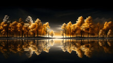 Golden Trees Reflected In Lake On Black Sky Background. Modern Canvas Art With Golden Yellow Forest 
