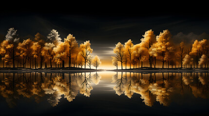 Wall Mural - Golden trees reflected in lake on black sky background. Modern canvas art with golden yellow forest 
