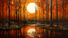 A Painting Of An Colorful Forest At Sunset, Balance And Harmony, Earthy Color Palettes, Ultra Detailed.
