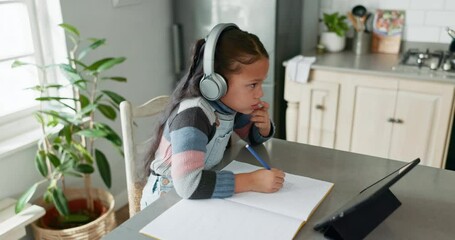 Poster - Online class, tablet and child with headphones thinking in kitchen, learning and exam for home school. Elearning, studying and writing test, girl with homework in house for virtual classroom project.