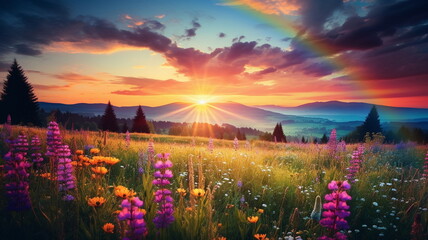 Wall Mural - beautiful rainbow on sea at  sunset sky  wild field and flowers  field nature landscape 
