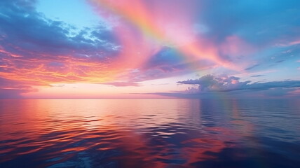 Wall Mural - beautiful rainbow on sea at  sunset sky  wild field and flowers  field nature landscape 