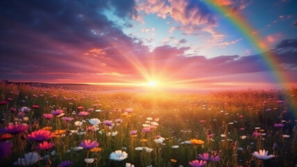 Wall Mural - beautiful rainbow on sea at  sunset sky  wild field and flowers  field nature landscape 