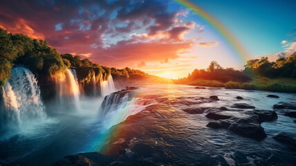 Wall Mural - beautiful rainbow on sea at  sunset sky  wild field and flowers  field nature landscape 