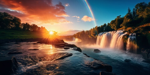 Wall Mural - beautiful rainbow on sea at  sunset sky  wild field and flowers  field nature landscape 