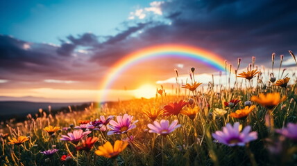 Wall Mural - beautiful rainbow on sea at  sunset sky  wild field and flowers  field nature landscape 