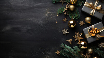 Festive Christmas frame placed on a black stone with a pine branch