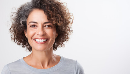 Smiling and elegant middle-aged woman conveying happiness and health to future generation longevity.