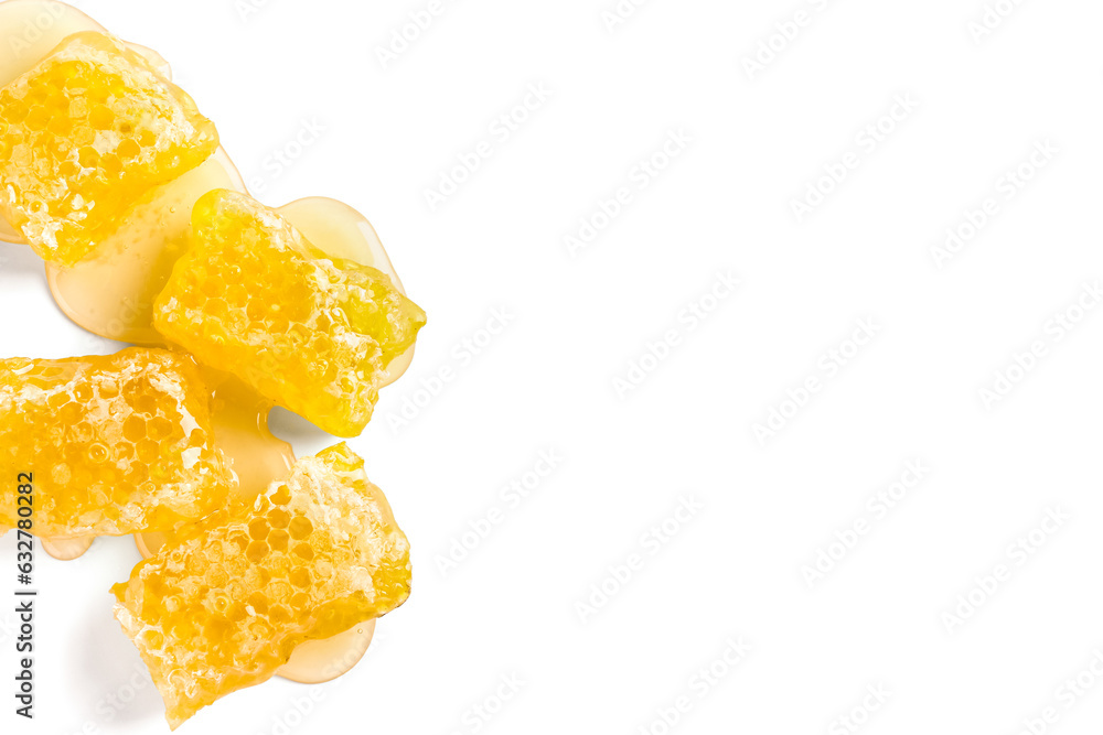Sweet honeycombs on white background