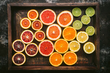 Variety Of Citrus Fruits In Wood Box