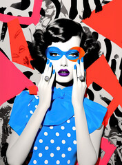 Wall Mural - Pop collage Illustration of a beautiful female fashion model with sunglasses over colorful and vibrant patterns and shapes, Fashion, pop art