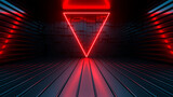 Fototapeta Przestrzenne - Sci Fy neon glowing lines in a dark tunnel. Reflections on the floor and ceiling. 3d rendering image. Abstract glowing lines. Techology futuristic background.