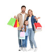 © New Africa - Family shopping. Happy parents and daughter with many colorful bags on white background