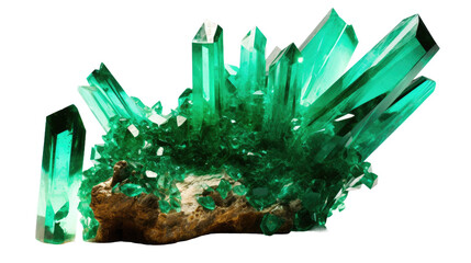 Wall Mural - molten emerald crystals frozen in an abstract futuristic 3d texture isolated on a transparent background, generative ai