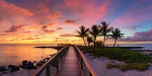 Panorama View Of Footbridge To The Smathers Beach At Sunrise - Key West, Florida.