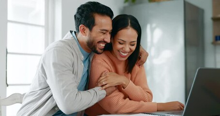 Canvas Print - Home laptop, happiness and couple hug, reading and smile for financial bills, bank account growth or mortgage insurance. Kitchen discussion, tax return and people embrace for savings budget success