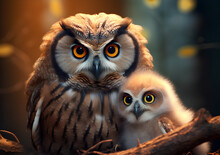 Mother And Baby Owl Generative Ai 
