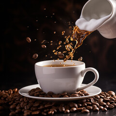 splash and splatter from a piece of sugar in a mug with coffee on a black background