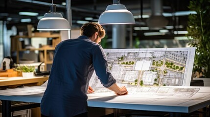 Wall Mural - architect working on a blueprint in a modern office generative ai