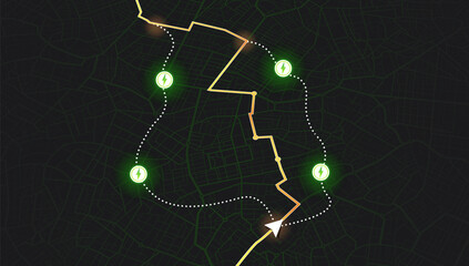 Location charging station on parking lot with fast supercharger station. Path turns and destination tag or mark. Huge city top view. Tracking path and route planning from home Black backgrougnd vector