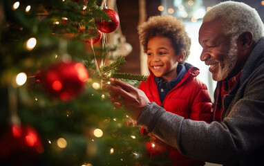 Smiling senior black african american dark-skinned grandfather and his grandson decorating a Christmas tree