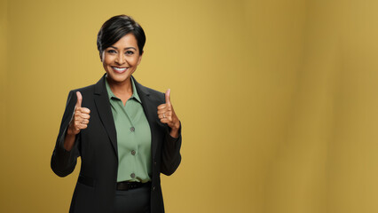 Confident senior indian businesswoman at work smiling with a thumb up