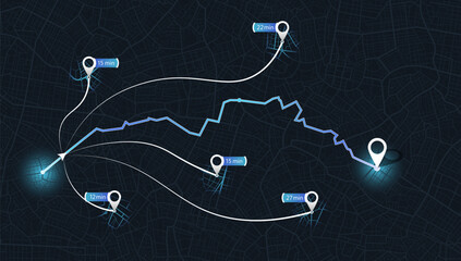 Map city with gps pins. Street, road,. Alternative way with location system. Urban map with pointers. Vector, Black background Urban map with information pointers, signs, arrows. Vector illustration.