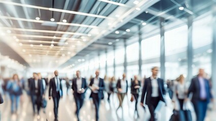 blurred business people walking at conference or modern hall