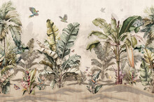 Tropical Banana Leaf Pattern Wallpaper With Parrot Birds And Butterflies With A Beige Background .